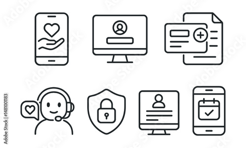 Line style icons of donation tech and platforms: mobile donor app icon, donor portal login screen, virtual card update tag, digital reminders file, donation chatbot support, secure data badge,