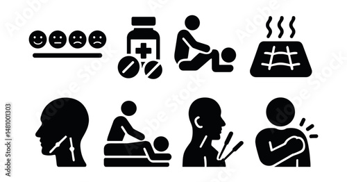 Solid style icons of pain management: pain scale, pain relief meds, physical therapy, heat pack, nerve block, massage therapy, acupuncture, chronic pain icon.