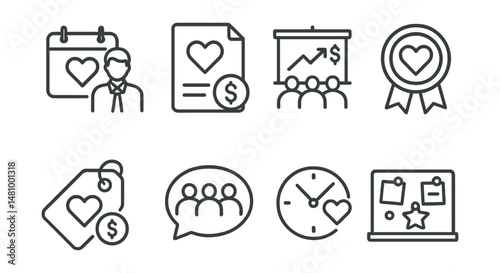 Line style icons of workplace donation programs: corporate donor day icon, donation leave file, team campaign board, workplace match badge, giving with colleagues tag, employee wellness bubble,