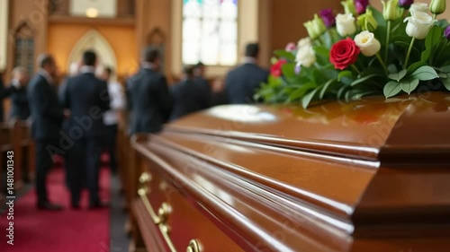Wooden casket at funeral service, church interior, somber mood, grief and mourning