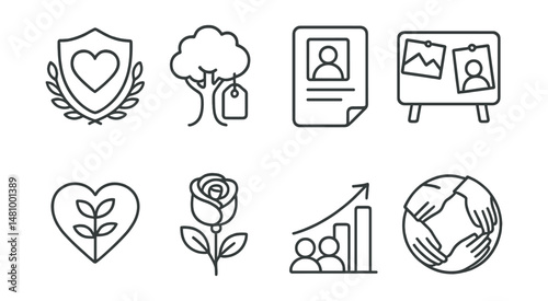 Line style icons of donor families and legacy: donor family support badge, memorial tree tag, tribute story file, photo memory board, legacy of life heart, donor rose symbol, gratitude to family