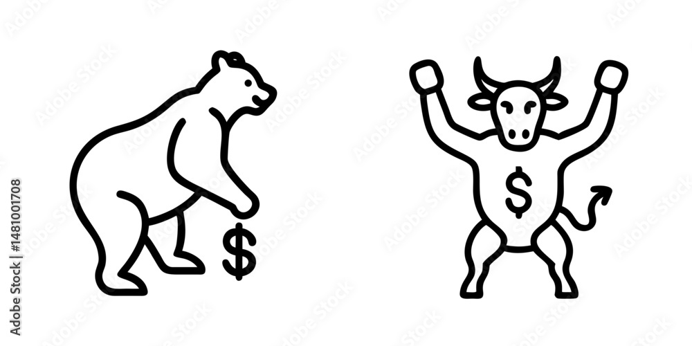 Bear and bull icons representing stock market trends in simple style, icons set, vector Bear and bull icons representing stock market trends in simple style, icons set, vector