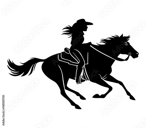 silhouette of cowgirl riding a galloping horse in motion western rodeo style vector illustration for design and print