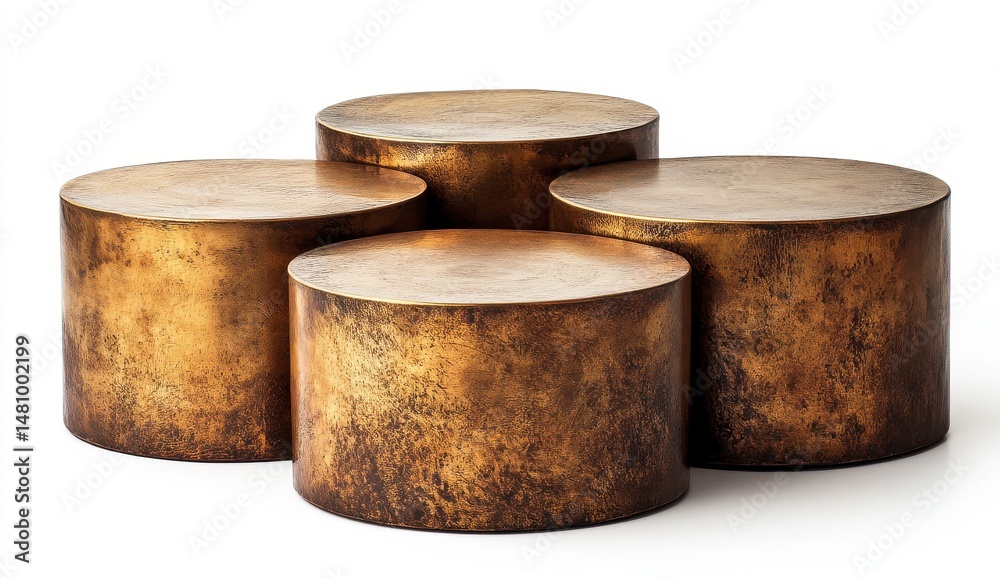 Fototapeta premium Five Bronze Textured Cylindrical Pedestals on White