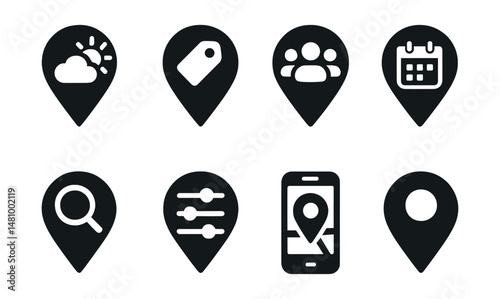 Solid style icons of location-based apps: weather at location, local deals, find friends, nearby events, area search, location filters, mobile map, place icon.