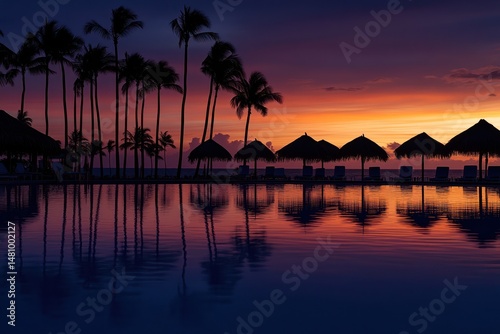 Tropical sunset over a pool, palm trees and thatched umbrellas