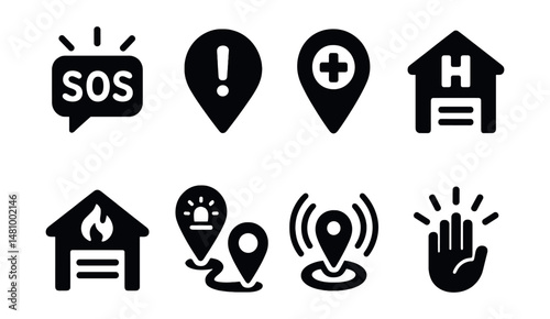 Solid style icons of emergency location tools: SOS signal, emergency location, rescue pin, hospital nearby, fire station icon, first responder route, location beacon, help alert.