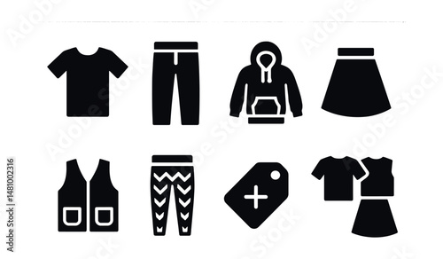 Solid style icons of mix and match outfits: basic tee, neutral pants, solid color hoodie, printed skirt, layering vest, pattern leggings, combo tag, outfit set.