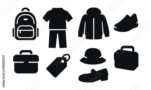 Solid style icons of back-to-school outfits: graphic backpack, polo and jeans set, zip hoodie, sneakers, lunchbox icon, label tag, school hat, uniform shoes.
