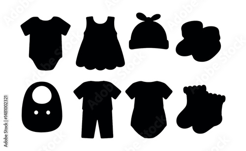 Solid style icons of baby shower outfits: gift wrap romper, lace dress, bow hat, soft booties, photo-ready bib, matching set, fancy onesie, celebration socks.