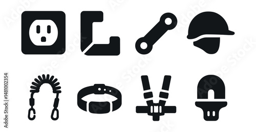 Solid style icons of safety accessories: outlet cover, corner guard, cabinet lock, safety helmet, wrist leash, ID bracelet, stroller harness, night light.