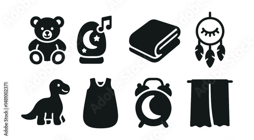 Solid style icons of sleep accessories: bedtime plush, musical nightlight, soft blanket, dream catcher, weighted toy, baby sleep sack, sleep clock, blackout curtain.
