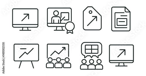 Line style icons of screen sharing tools: screen share icon, presentation mode badge, file upload tag, document view file, digital whiteboard board, multiple viewers chart, visual collaboration