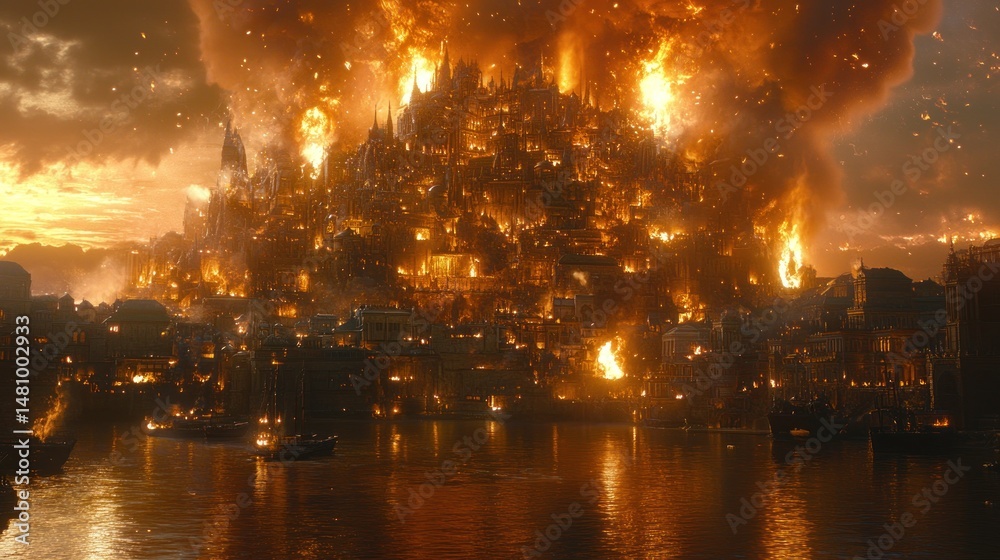 Naklejka premium Fiery cityscape at sunset burning buildings water reflection destruction