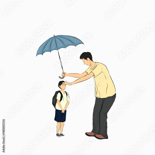 Adult man with umbrella holding umbrella over school children on white background