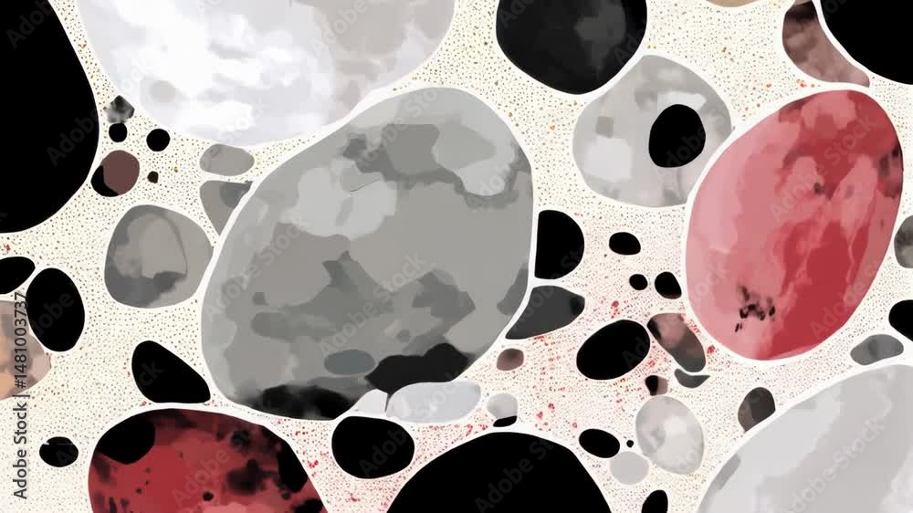 Polished pebble terrazzo pattern with irregular stone shapes in diverse colors on textured background