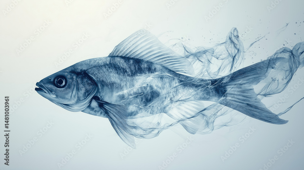 Fototapeta premium A fish dissolving into ethereal smoke, symbolizing transition, movement and fluidity