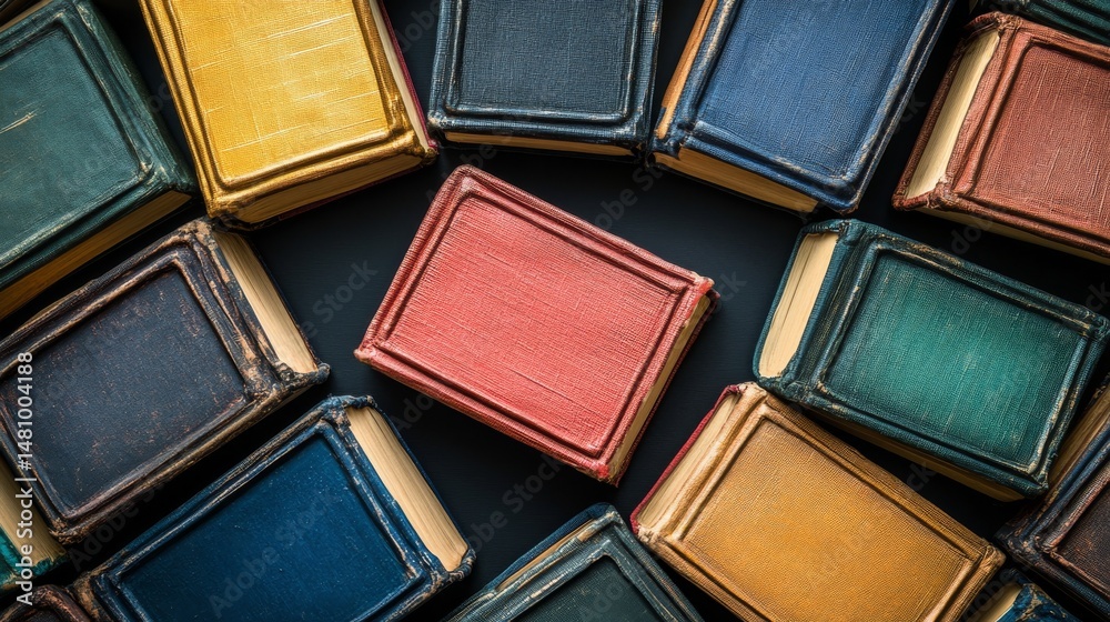 Fototapeta premium Colorful books arranged on a dark reflective surface with abstract circular shapes in the background create a dramatic scene