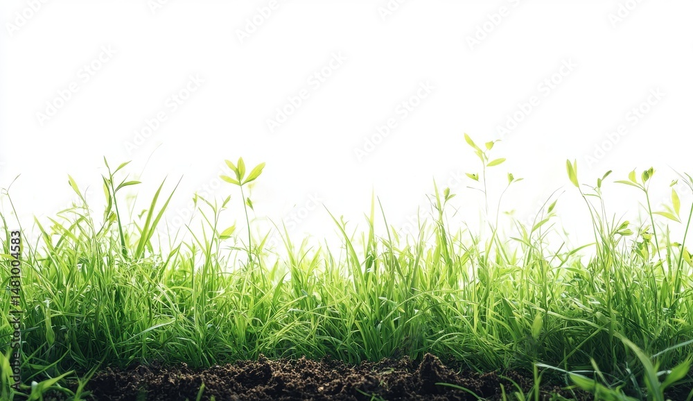 Obraz premium Lush Green Grass and Plants Emerging from Soil Against White Background