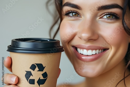 Smiling woman holding recyclable coffee cup close to her face  