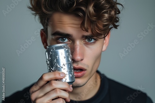 Young man holding silver soda can close to face with neutral expression  