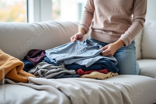 Woman folding clothes while sitting on a sofa in a cozy living room  
