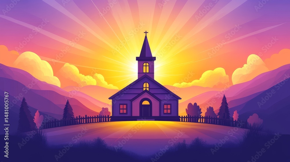 Fototapeta premium The silhouette of a church perched on a hill is bathed in a warm, radiating glow, set against the backdrop of a vibrant sunset, evoking a sense of peace