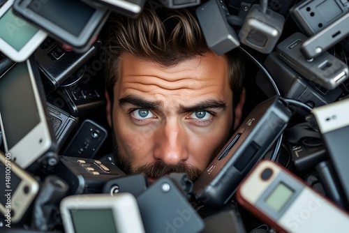 Man surrounded by various vintage devices with a focused expression  