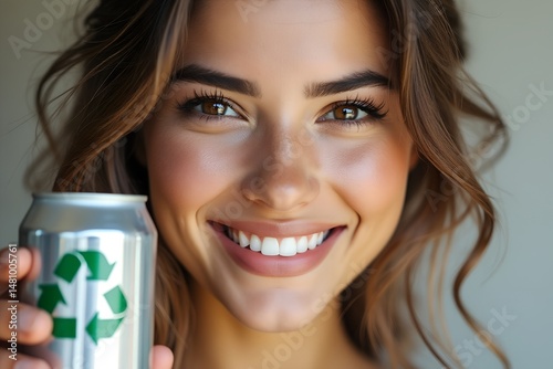 Young woman smiling while holding recycling can in bright setting  
