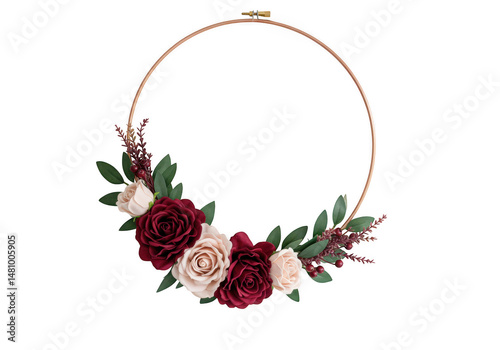 Floral hoop wreath with roses isolated on transparent background