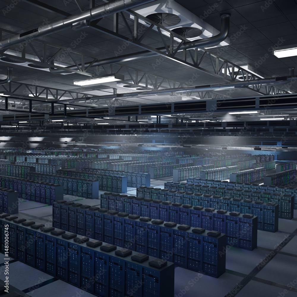 Obraz premium Server hub technology managing data used in cryptocurrency transactions, mining operations and decentralized computing. High performance mainframes powering blockchain systems, 3D render