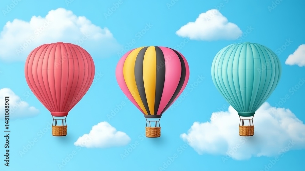 Obraz premium In the sky, a pink hot air balloon is suspended, floating serenely through a rainbow of colors and fluffy white clouds, a high-quality scene