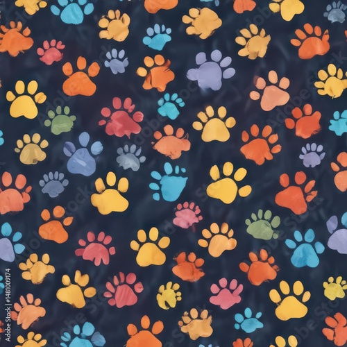 Colorful playful dog paw prints, seamless pattern design,  colorful paw prints,  animal,  pet