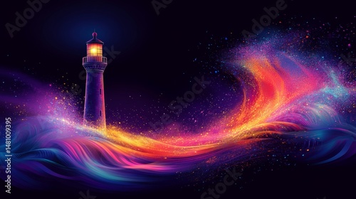 The stylized lighthouse is set ablaze with radiant light and kaleidoscopic colors, contrasting beautifully with the somber background to produce an artistic image
