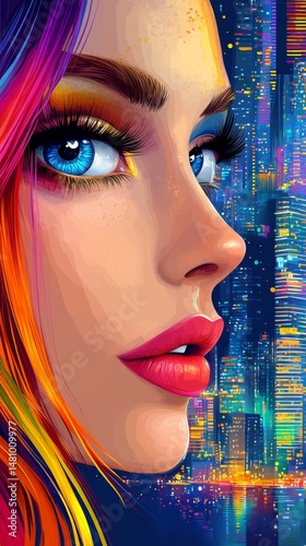 Facing right, the woman is ornamented with dazzling rainbow streams and an urban cityscape, producing a kaleidoscopic representation
