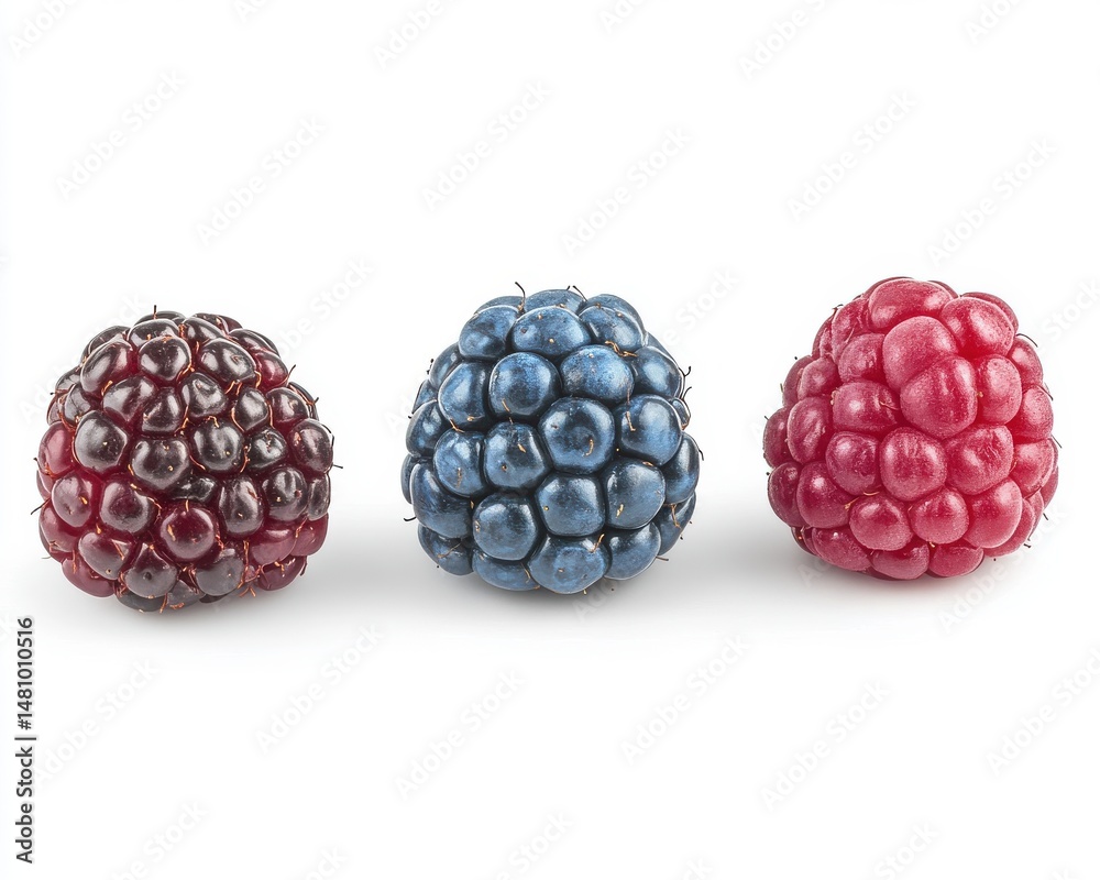 Three Ripe Berries Red Raspberry and Blackberries on White Background Three Ripe Berries Red Raspberry and Blackberries on White Background