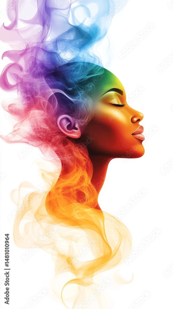 Fototapeta premium Against a white background, a woman's face gazes upward as fluid art in various colors flows above her head