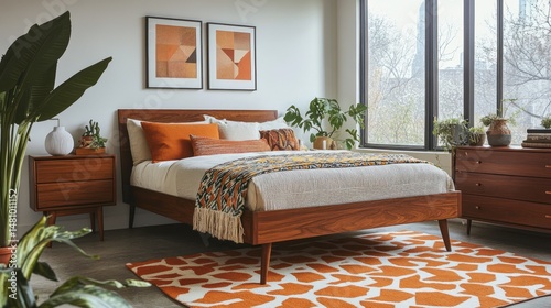 Mid century modern bedroom interior design with wooden bed and potted plants