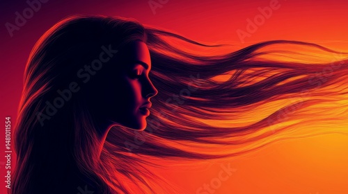 The profile of a woman is depicted against a graduated pink and orange background, overlaid with horizontal bands of various colors