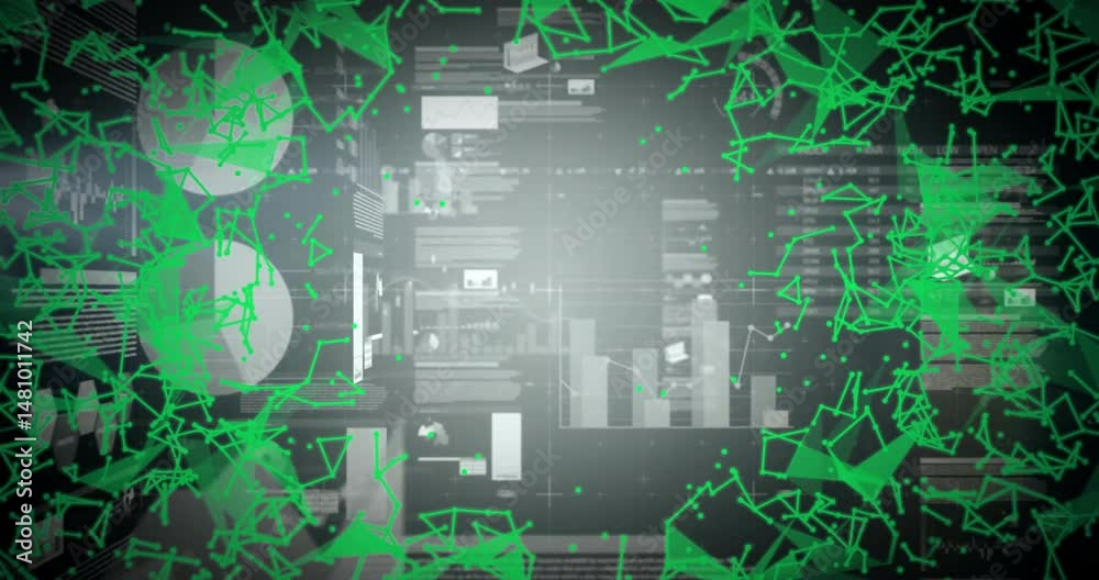 Green network of dots connecting across dark panels while charts sliding in data dashboard