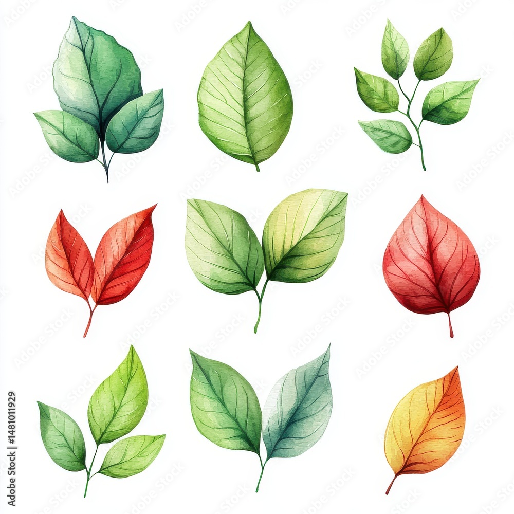 Obraz premium Watercolor Autumn Leaves Collection on White Background