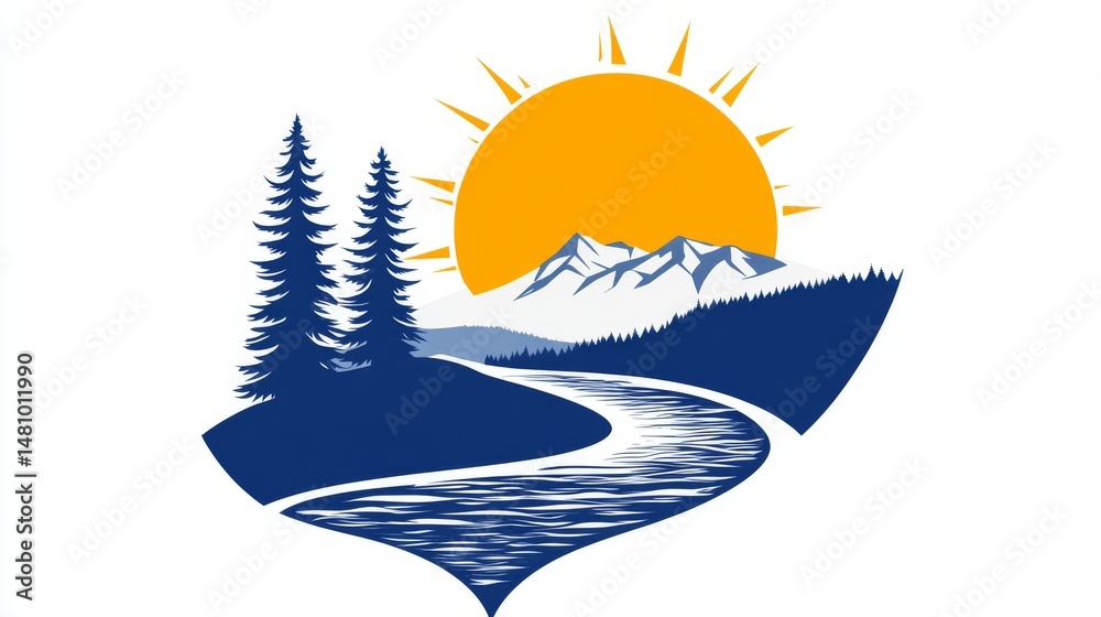 Obraz premium The scene features a stylized representation of snowy mountains with a winding blue river flowing at their base beneath a shining sun