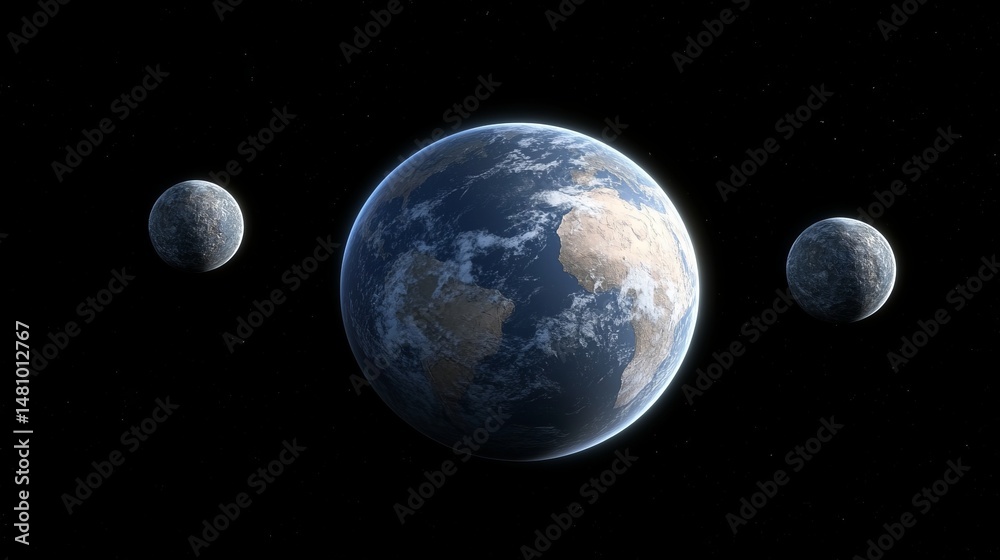 Fototapeta premium Earth is positioned in dark outer space with its continents and oceans visible and encircled by a blue atmospheric layer