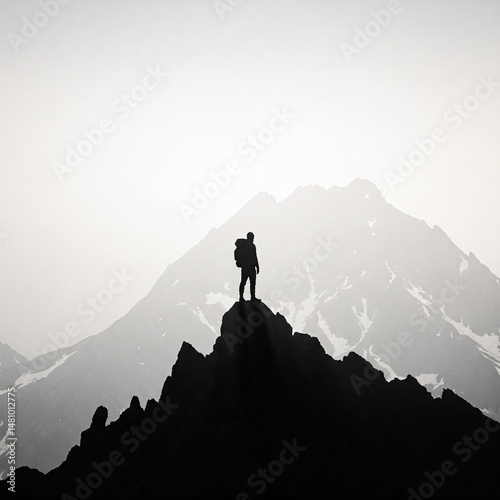 silhouette of man on top of mountain in Chinese watercolor style as as sign of being successful and conquer everyting
