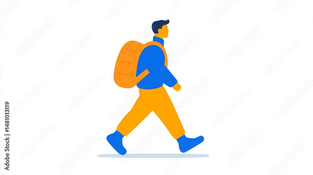 Obraz premium With a backpack in tow, a male figure moves forward, positioned amidst an assortment of abstract red and yellow shapes on a white background