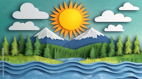 Papercut artwork showcases a scenic landscape of rolling hills, trees, and water under a bright sun in a mountainous setting