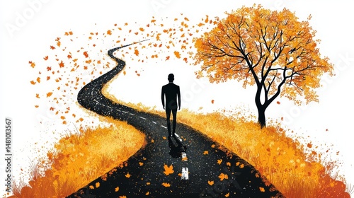 At the terminus of a road, the silhouette of a person is seen, with a white background and surrounded by a scattering of orange leaves and thin black limbs