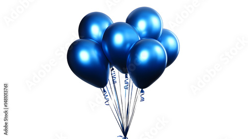 A cluster of shiny blue balloons tied together with ribbons against a black background studio shot