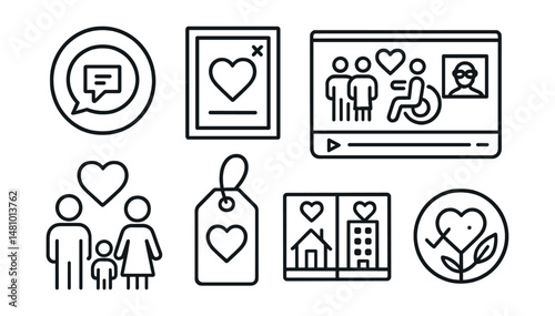 Line style icons of inclusive donation campaigns: multilingual slogan badge, visual-only poster file, community + culture board, accessible donor video, age-inclusive drive symbol, gender-neutral tag
