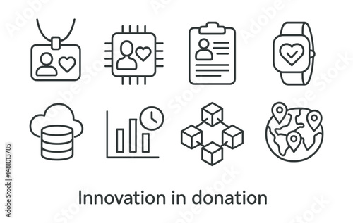 Line style icons of innovation in donation: 3D donor ID tag, AI for match symbol, smart donor screening file, wearable donation status badge, cloud-based registry icon, real-time availability chart,